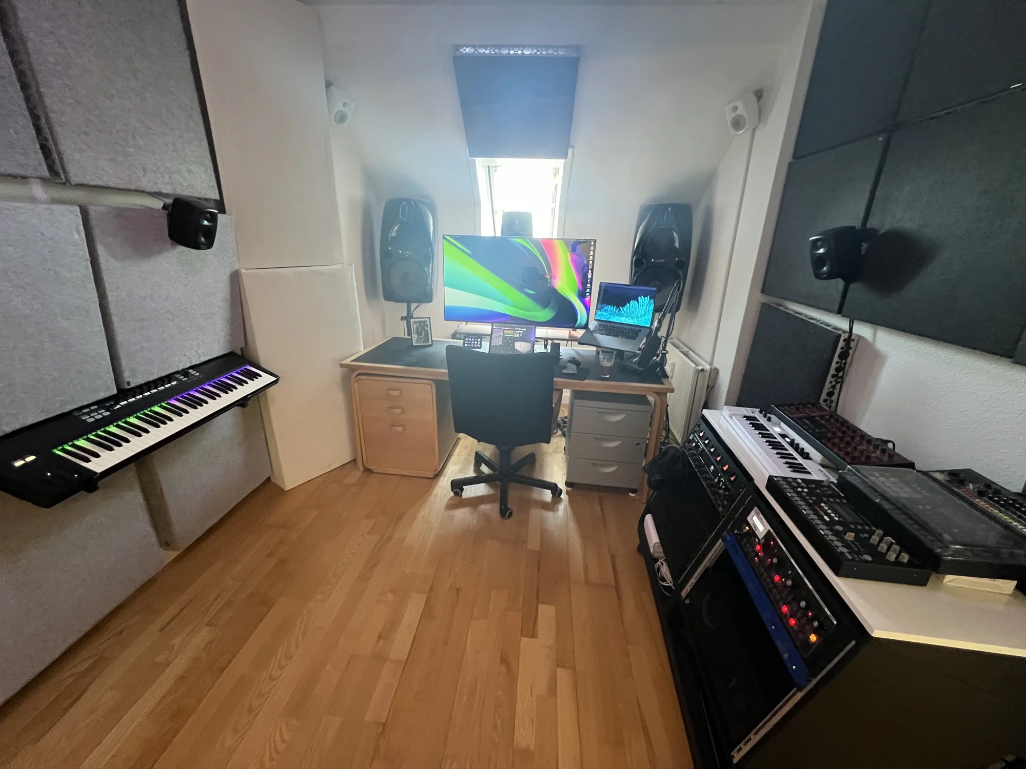 Wide view into Julius Sylvest's Dolby Atmos 7.1.4 studio in Copenhagen