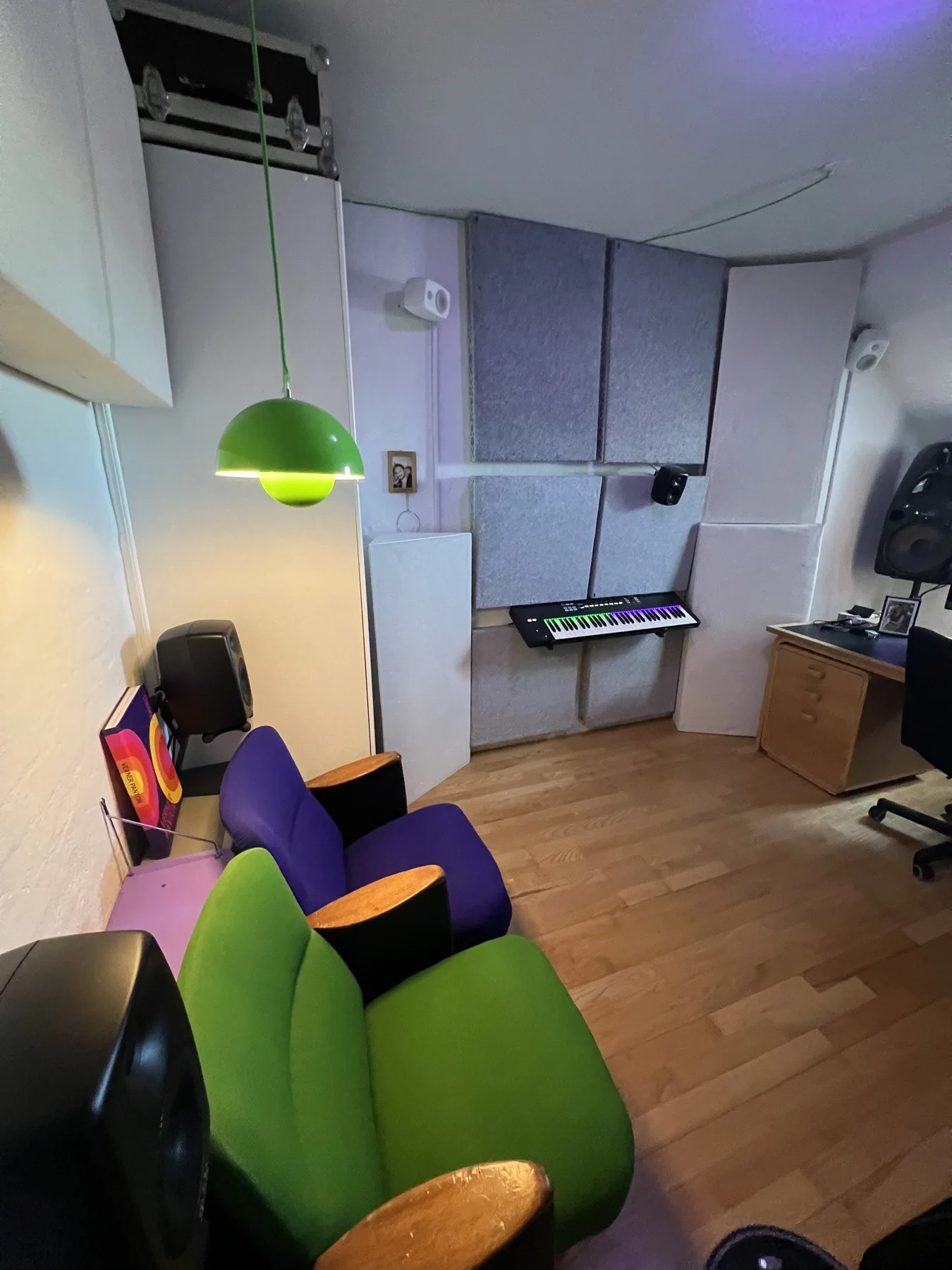 Studio detail with surround speakers, acoustic panels and listening zone in Julius Sylvest's room